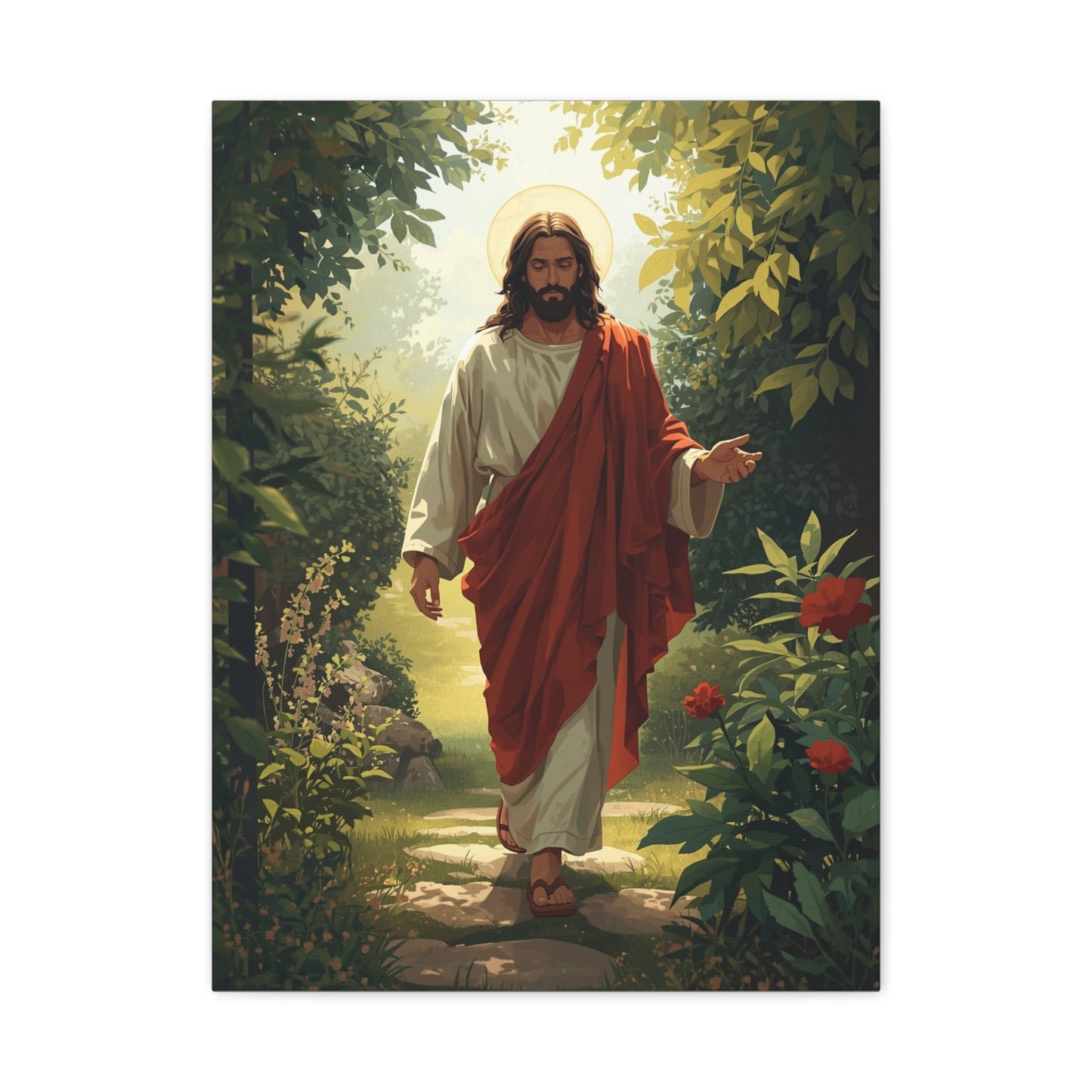 Jesus Walking in Garden Matte Canvas Print (Vertical)