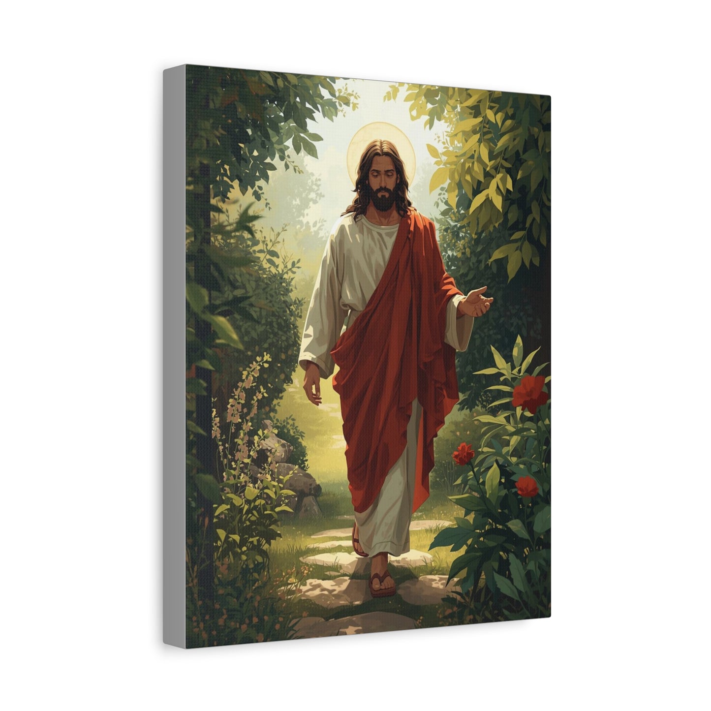 Jesus Walking in Garden Matte Canvas Print (Vertical)