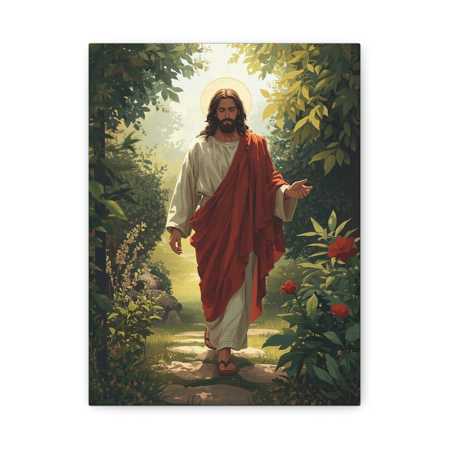 Jesus Walking in Garden Matte Canvas Print (Vertical)