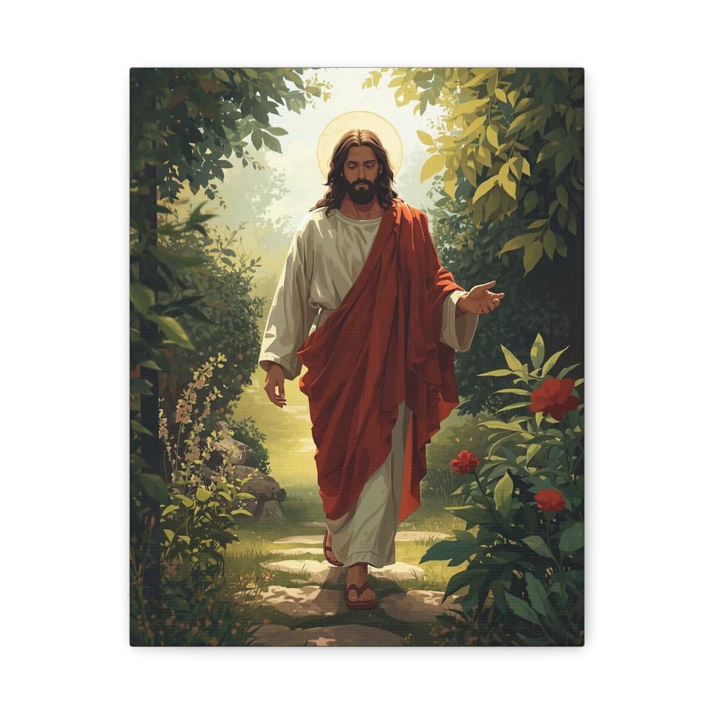 Jesus Walking in Garden Matte Canvas Print (Vertical)