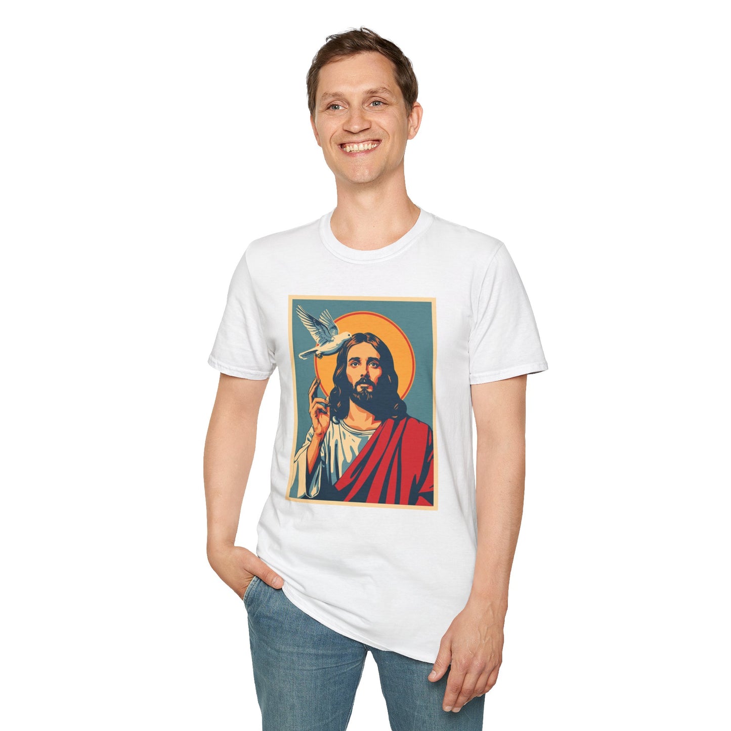 Jesus with Dove Graphic T-Shirt – Retro Halo Christian Tee