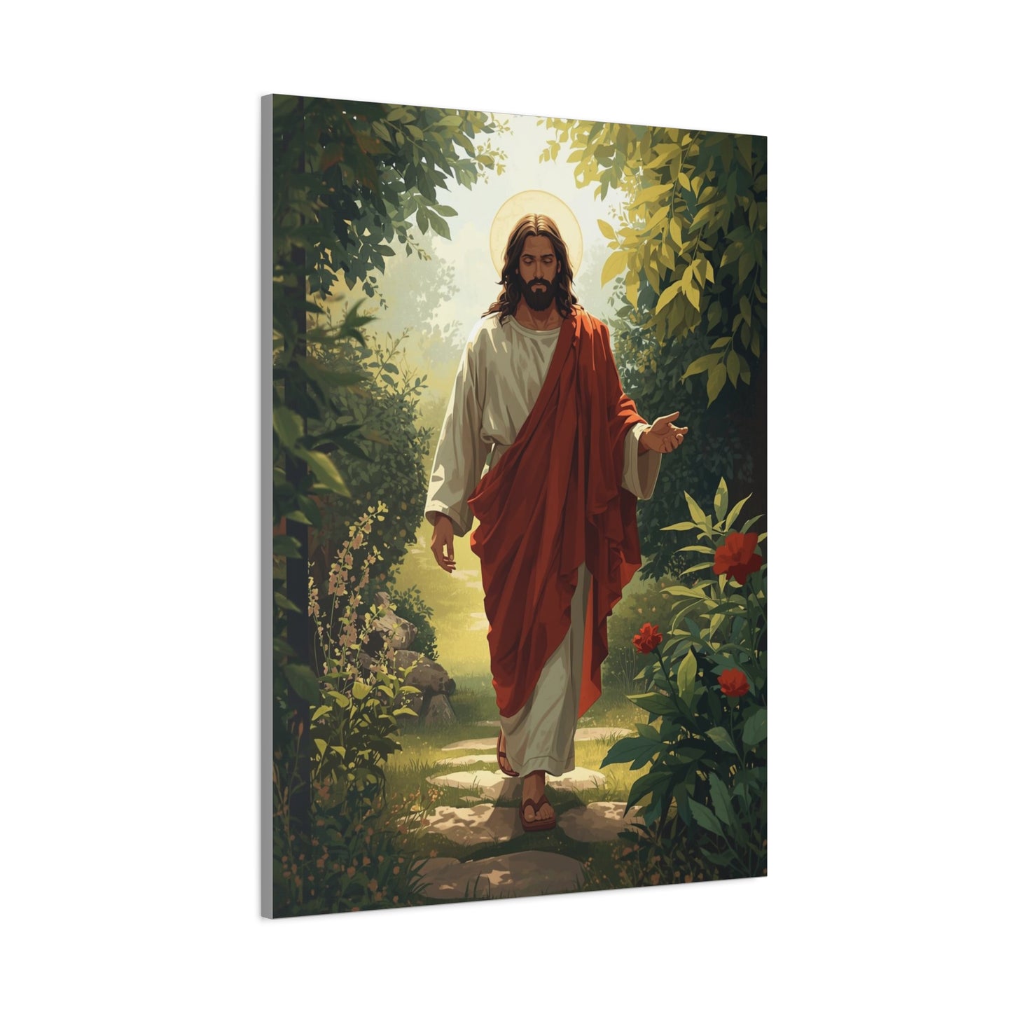 Jesus Walking in Garden Matte Canvas Print (Vertical)