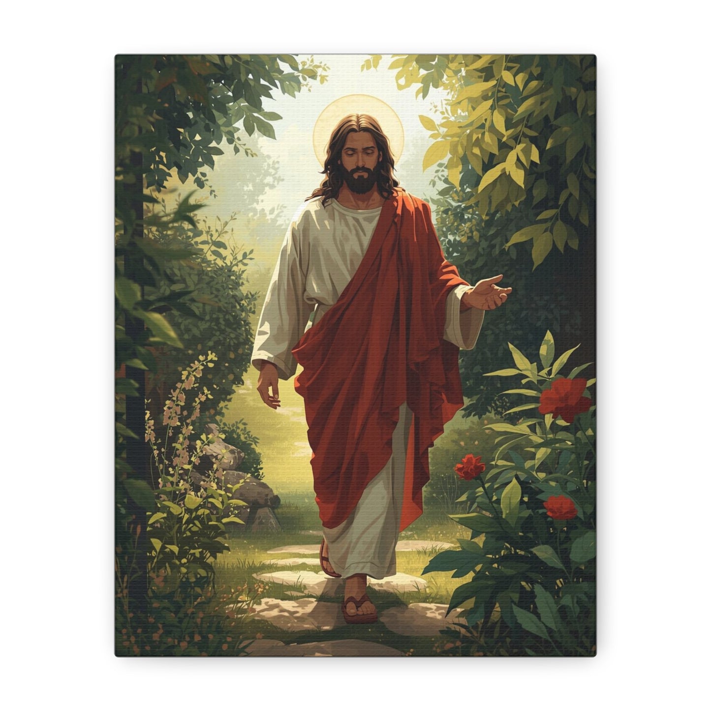 Jesus Walking in Garden Matte Canvas Print (Vertical)
