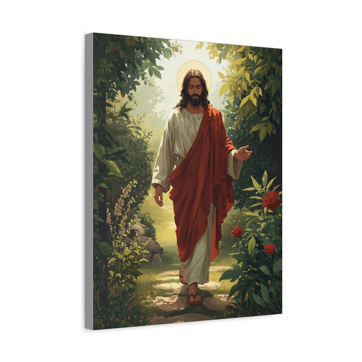 Jesus Walking in Garden Matte Canvas Print (Vertical)