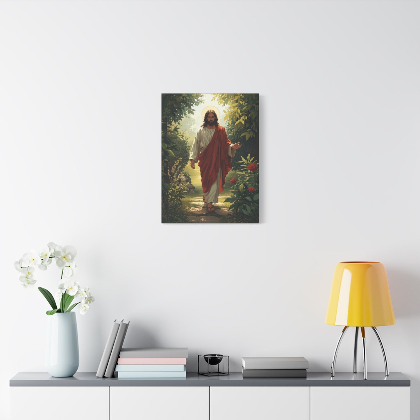 Jesus Walking in Garden Matte Canvas Print (Vertical)