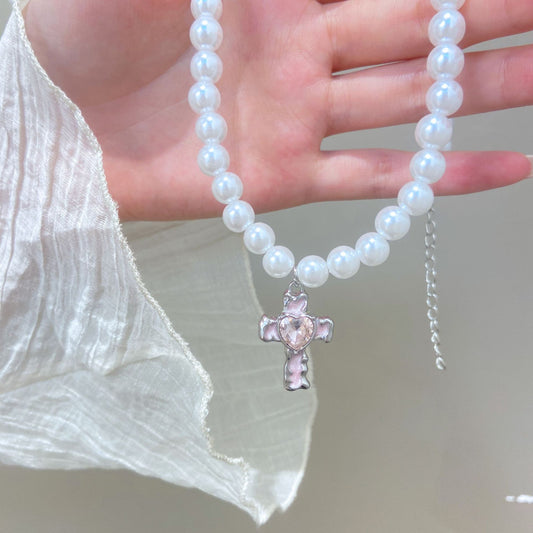 Retro Pearl Heart Cross Pendant Necklace