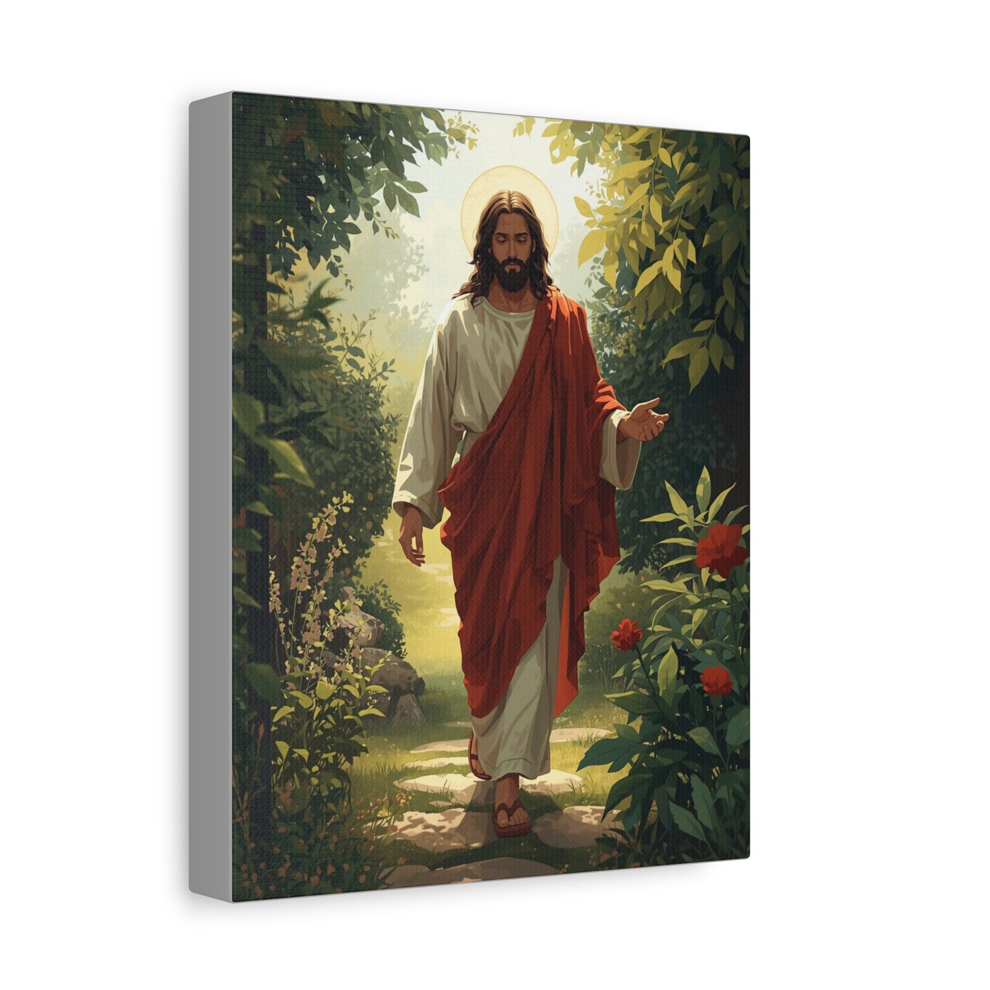 Jesus Walking in Garden Matte Canvas Print (Vertical)