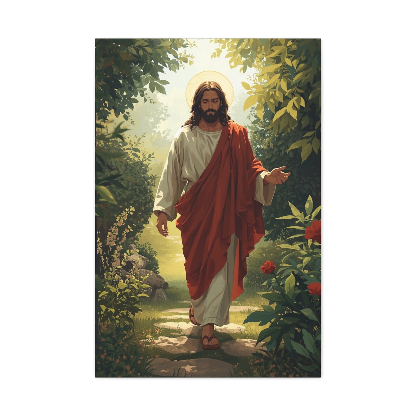 Jesus Walking in Garden Matte Canvas Print (Vertical)