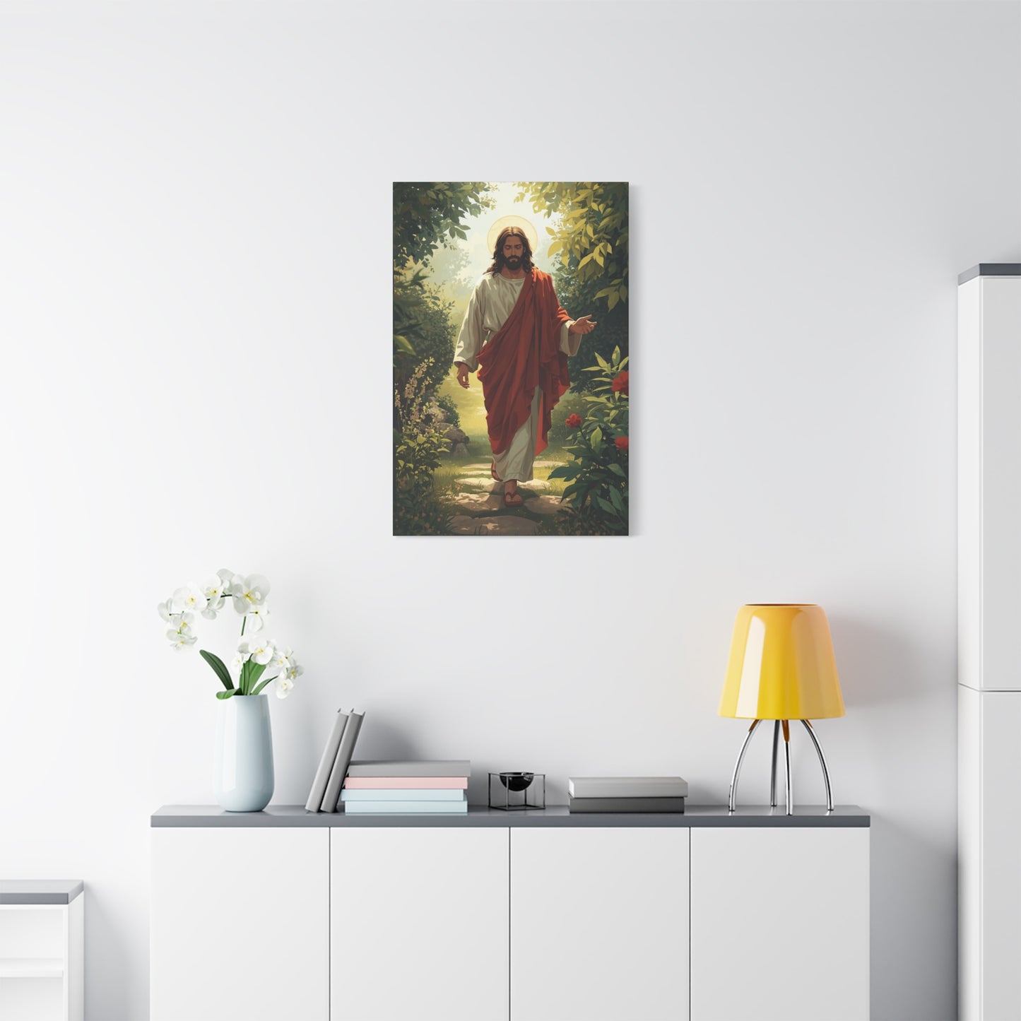 Jesus Walking in Garden Matte Canvas Print (Vertical)