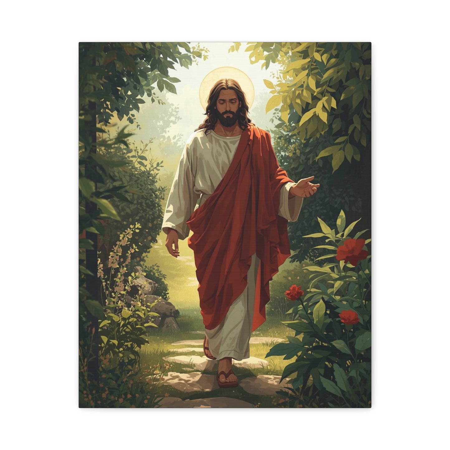 Jesus Walking in Garden Matte Canvas Print (Vertical)