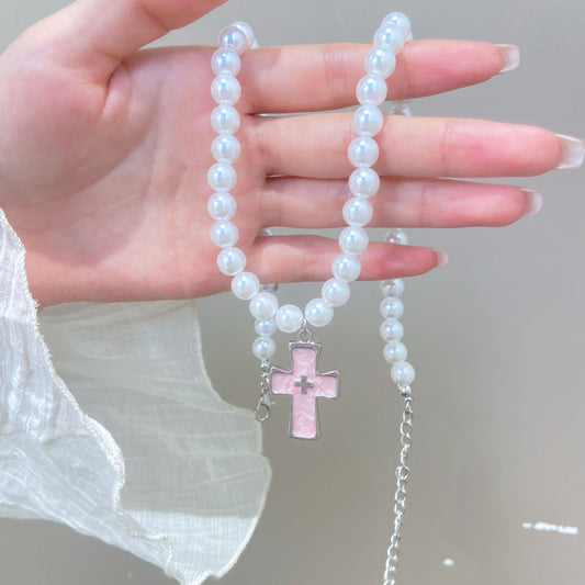 Retro Pearl Heart Cross Pendant Necklace