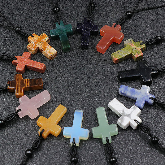 Natural Crystal Agate Woven Cross Necklace